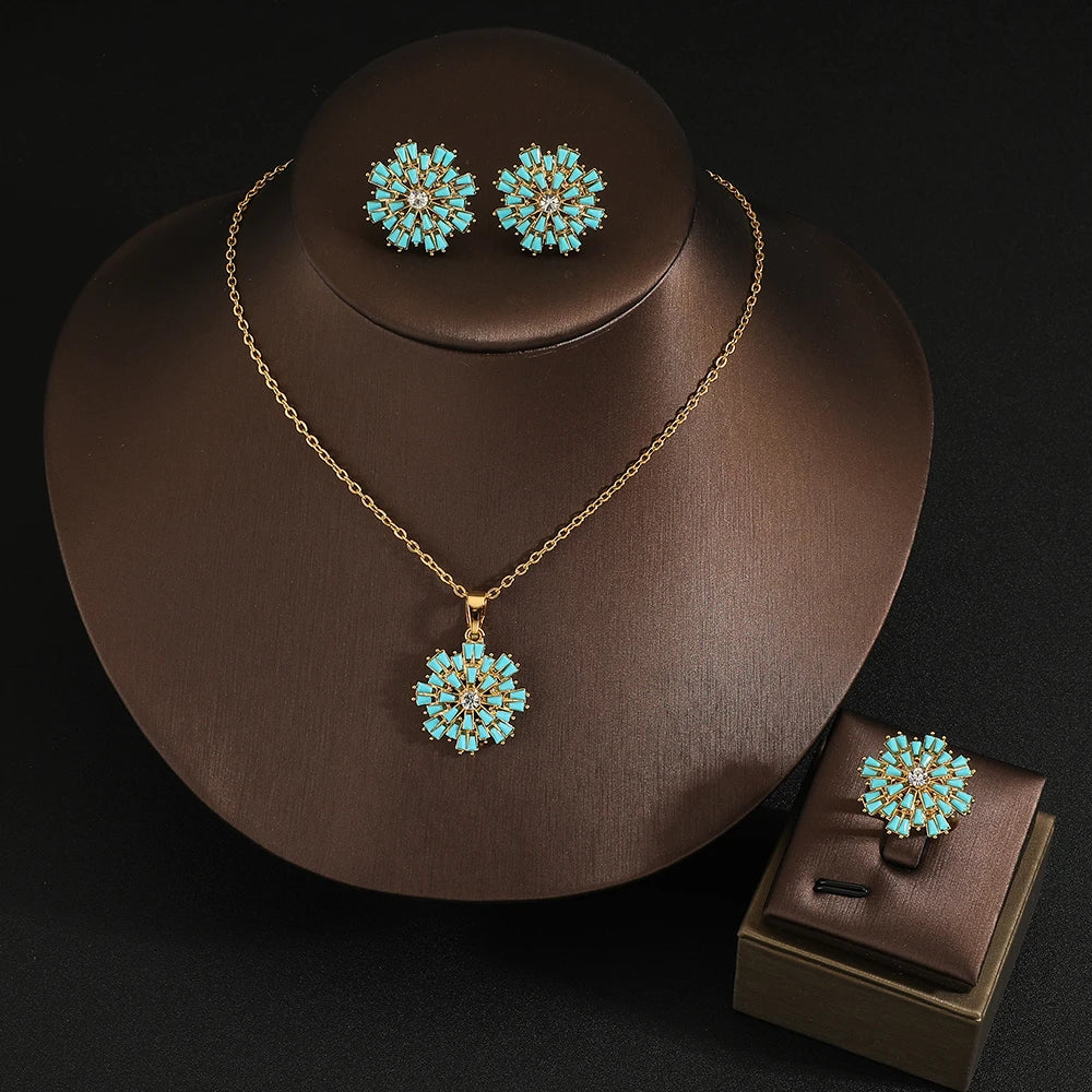 High quality Rings Earrings Necklace snowflake Jewelry Set for Women Wedding Party Water pearl Shape Sapphire Gemstone Gift