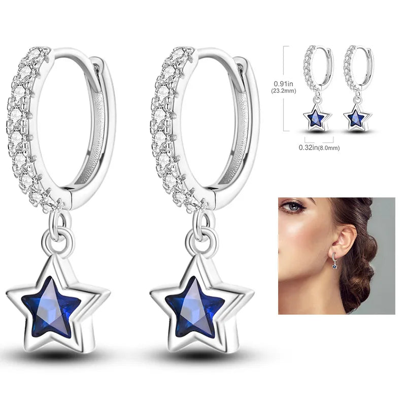 925 Silver Hoop Earrings For Woman Pendientes Zircon Heart Shape Star Eardrop Original Earring Fashion Jewelry