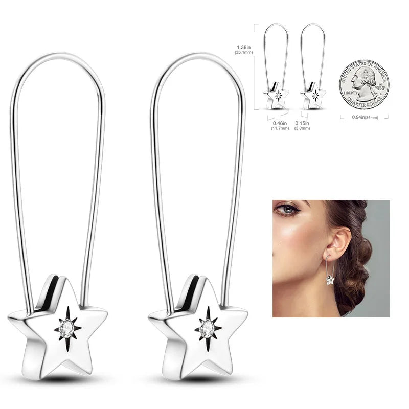 925 Silver Hoop Earrings  For Woman Pendientes Zircon Heart Shape Star Eardrop Original Earring Fashion Jewelry