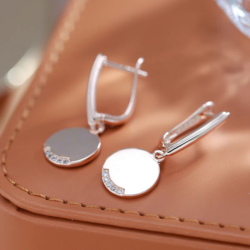 Kinel 585 Rose Gold Color Round Coin Dangle Earrings for Women Simple Fashion Party Fine Jewelry Glossy Natural Zircon Earrings
