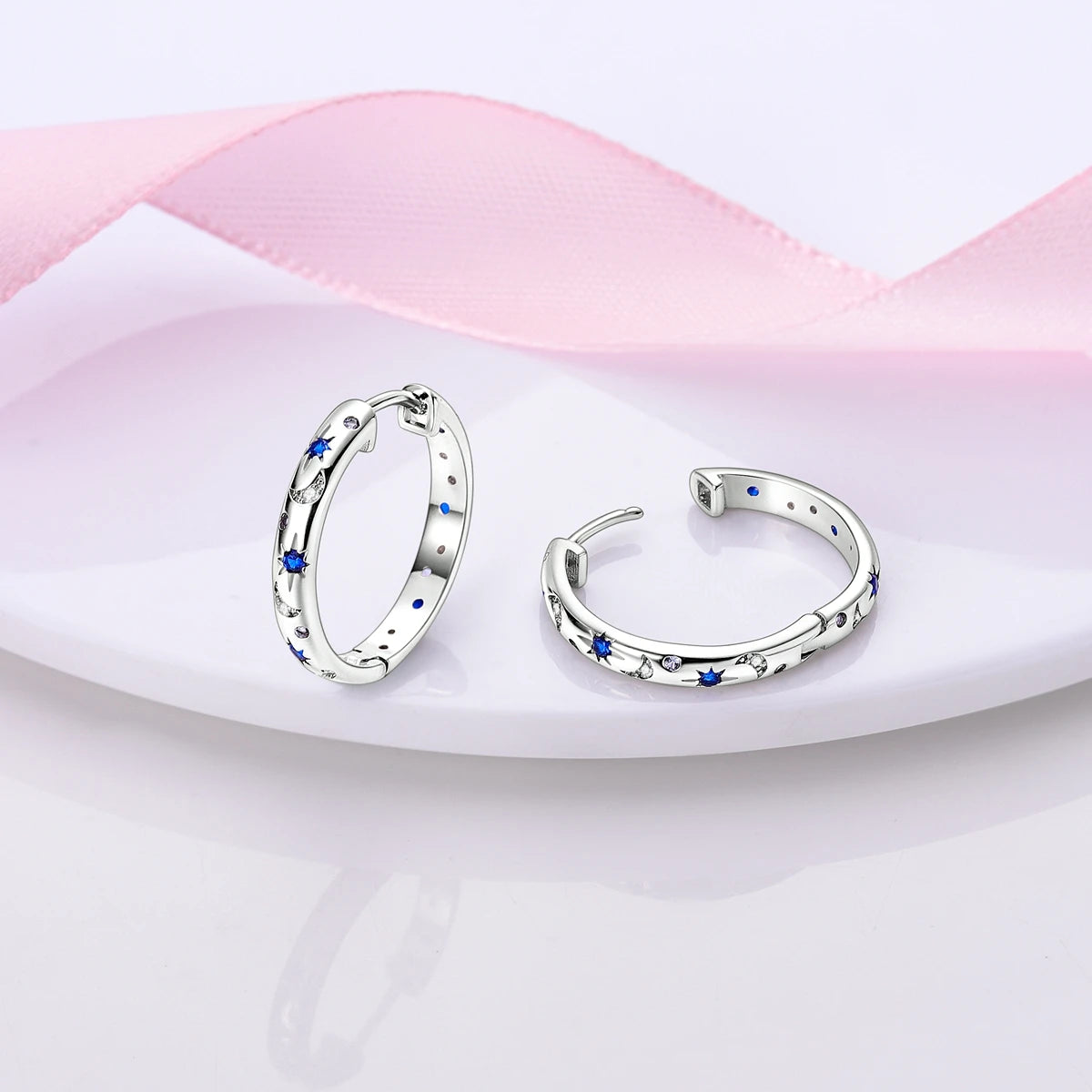 925 Silver Hoop Earrings  For Woman Pendientes Zircon Heart Shape Star Eardrop Original Earring Fashion Jewelry