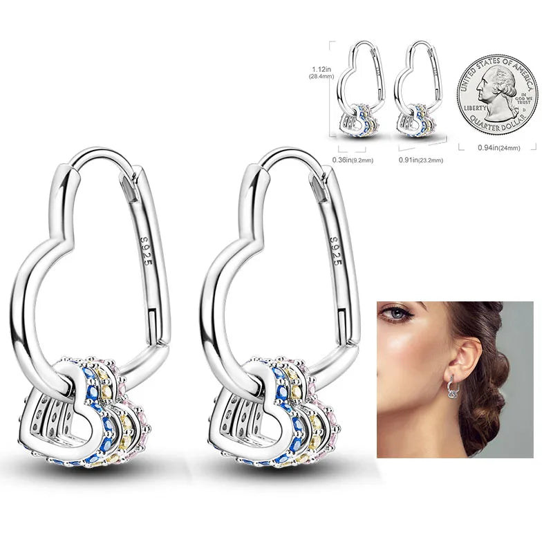 925 Silver Hoop Earrings  For Woman Pendientes Zircon Heart Shape Star Eardrop Original Earring Fashion Jewelry