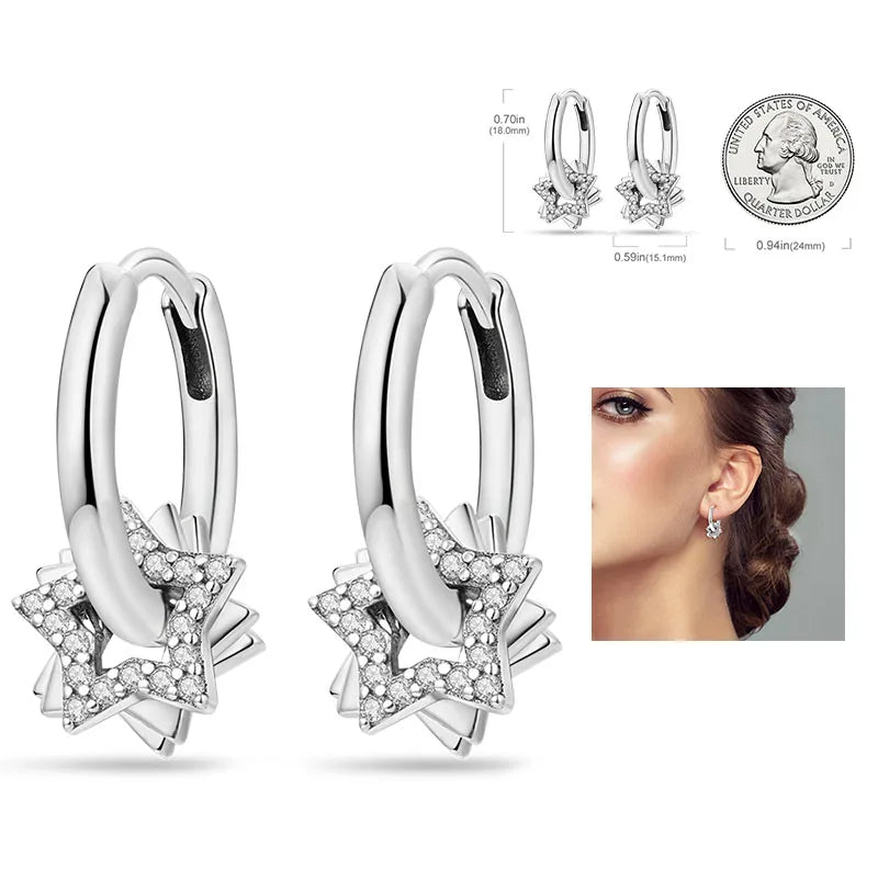 925 Silver Hoop Earrings  For Woman Pendientes Zircon Heart Shape Star Eardrop Original Earring Fashion Jewelry