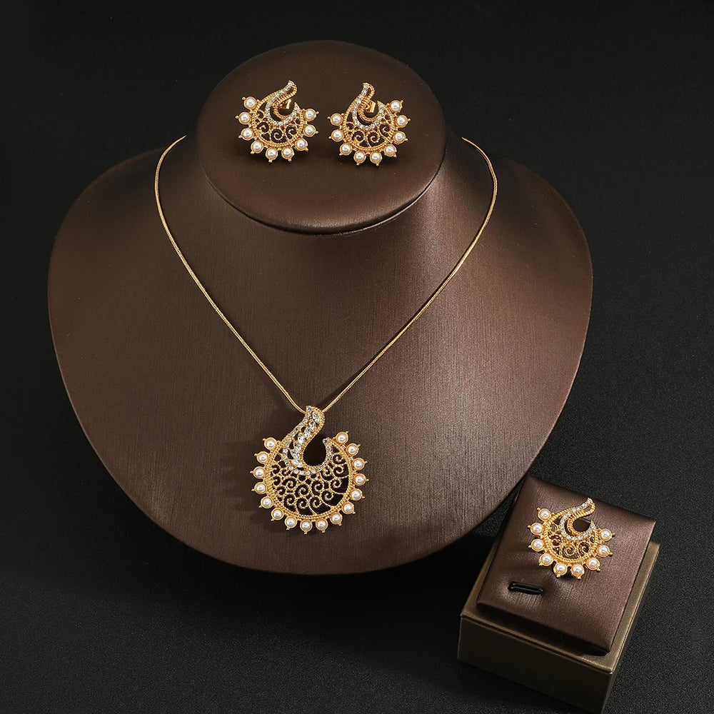 Hot Arabian Style Pearl Geometric Pendant Necklace Earrings Ring 3 Piece Set Classic Banquet Wedding Jewelry Set Birthday Gift
