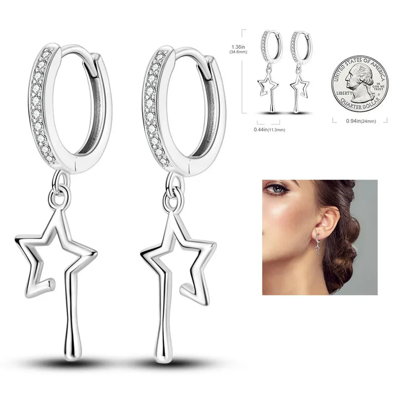 925 Silver Hoop Earrings  For Woman Pendientes Zircon Heart Shape Star Eardrop Original Earring Fashion Jewelry