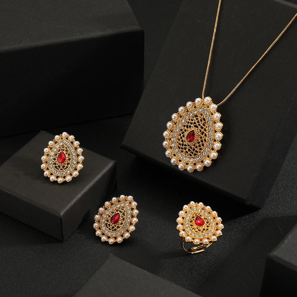 Hot Arabian Style Pearl Geometric Pendant Necklace Earrings Ring 3 Piece Set Classic Banquet Wedding Jewelry Set Birthday Gift