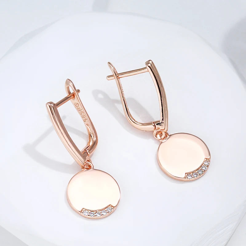 Kinel 585 Rose Gold Color Round Coin Dangle Earrings for Women Simple Fashion Party Fine Jewelry Glossy Natural Zircon Earrings