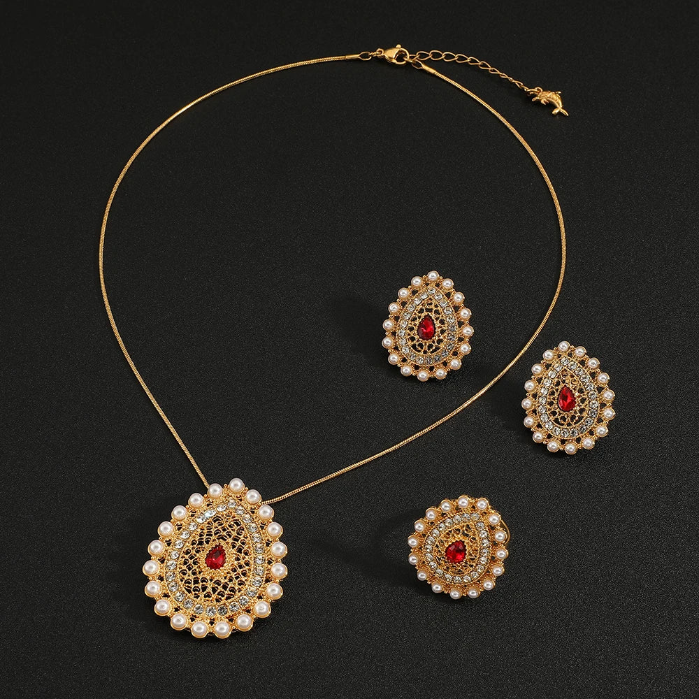 Hot Arabian Style Pearl Geometric Pendant Necklace Earrings Ring 3 Piece Set Classic Banquet Wedding Jewelry Set Birthday Gift