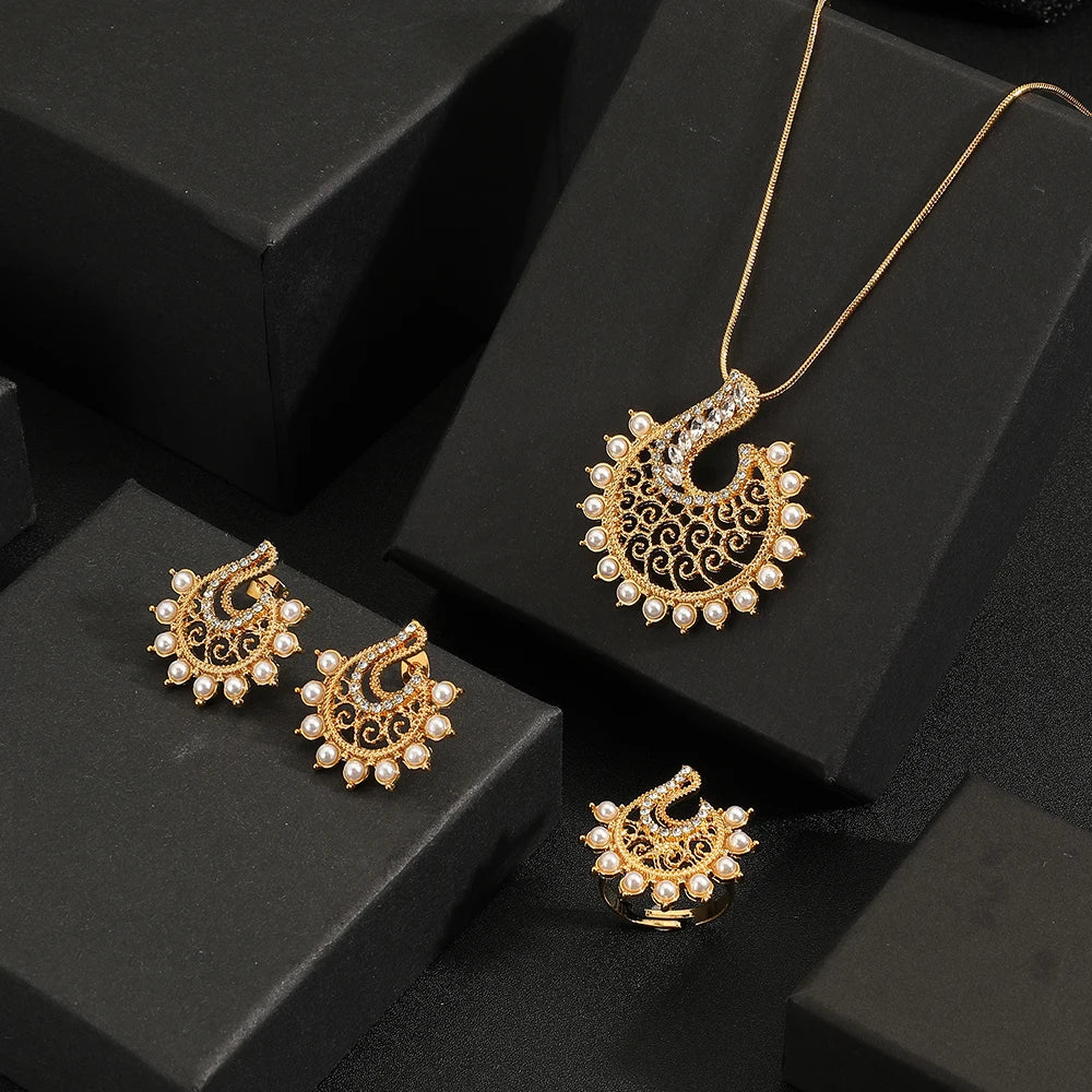 Hot Arabian Style Pearl Geometric Pendant Necklace Earrings Ring 3 Piece Set Classic Banquet Wedding Jewelry Set Birthday Gift