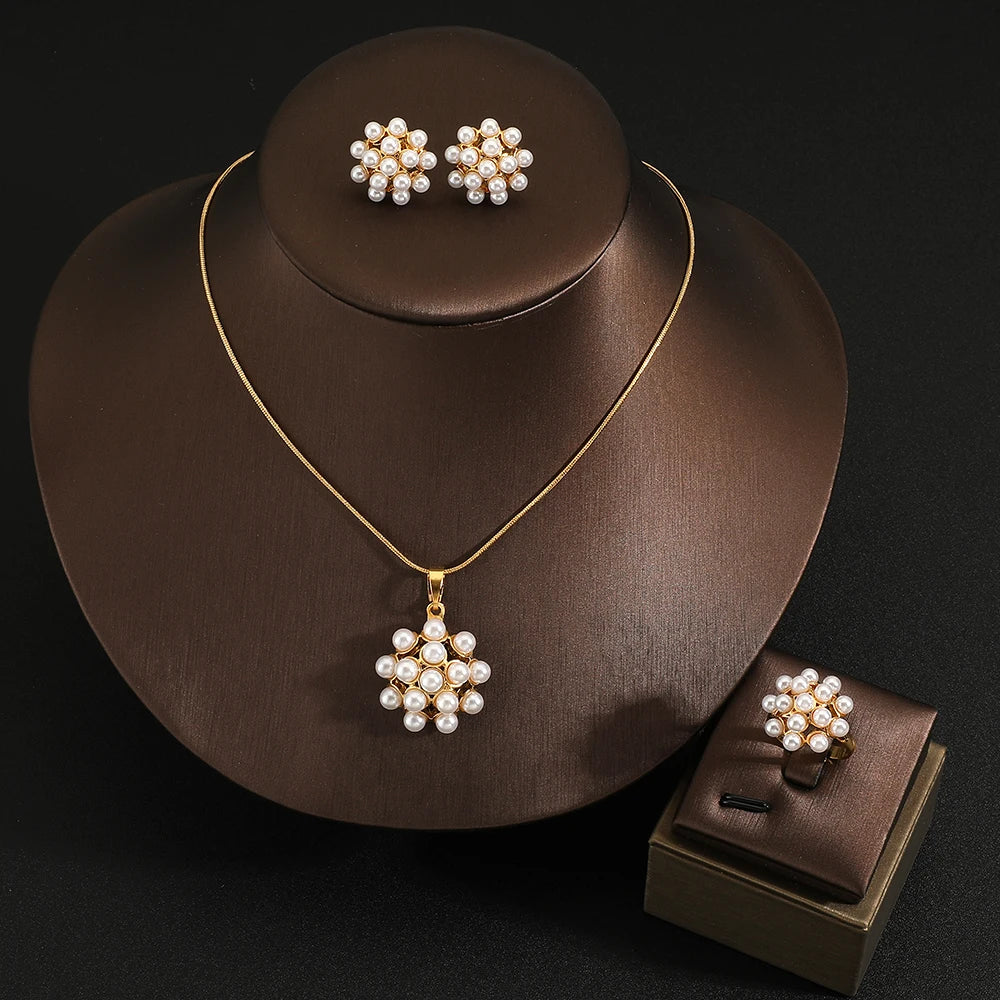High quality Rings Earrings Necklace snowflake Jewelry Set for Women Wedding Party Water pearl Shape Sapphire Gemstone Gift