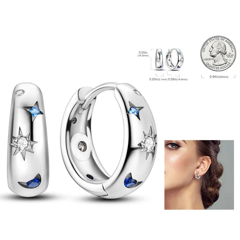 925 Silver Hoop Earrings  For Woman Pendientes Zircon Heart Shape Star Eardrop Original Earring Fashion Jewelry