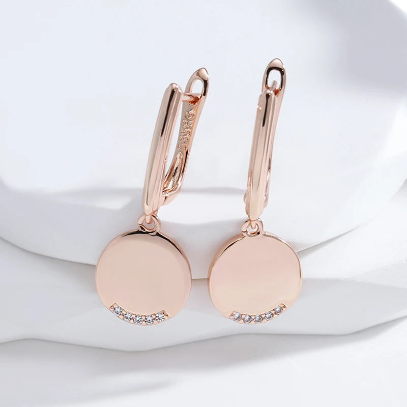 Kinel 585 Rose Gold Color Round Coin Dangle Earrings for Women Simple Fashion Party Fine Jewelry Glossy Natural Zircon Earrings