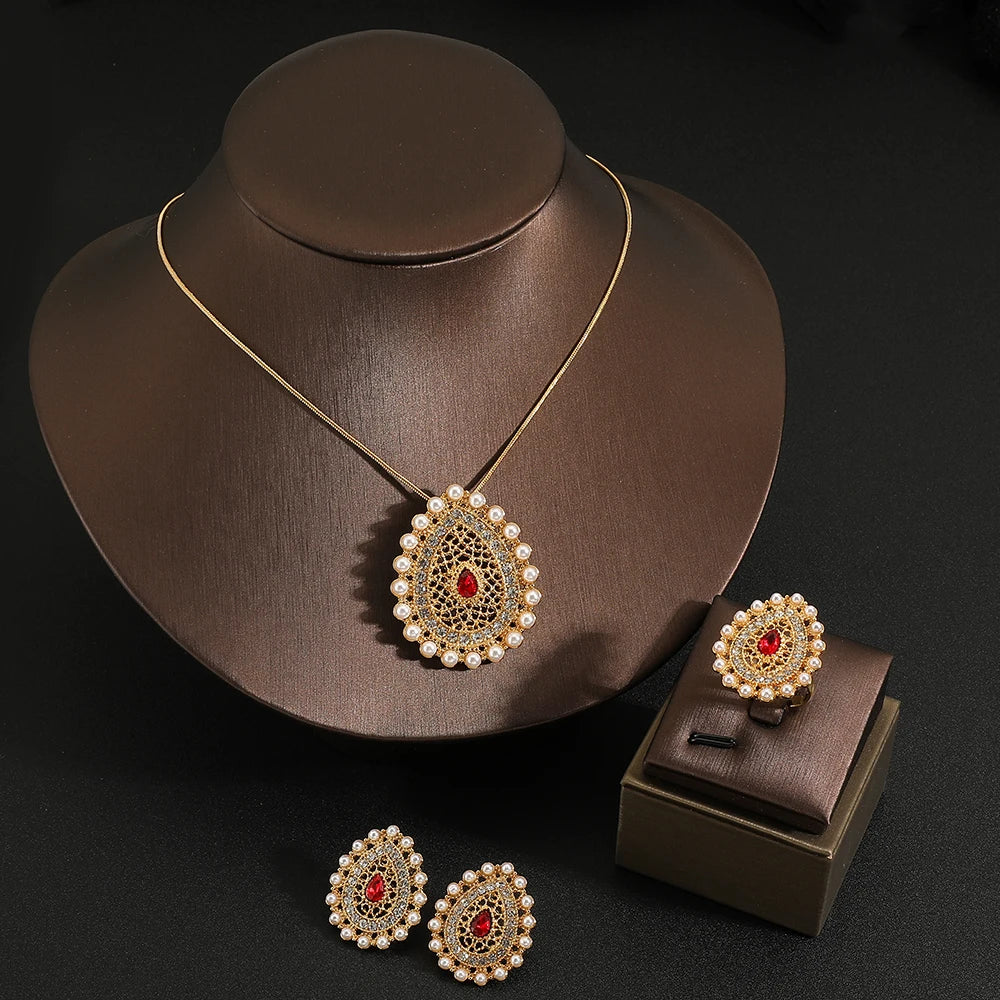 Hot Arabian Style Pearl Geometric Pendant Necklace Earrings Ring 3 Piece Set Classic Banquet Wedding Jewelry Set Birthday Gift