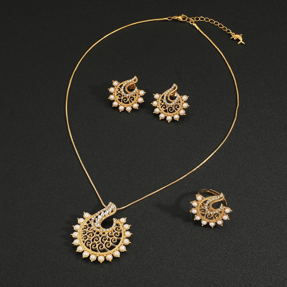 Hot Arabian Style Pearl Geometric Pendant Necklace Earrings Ring 3 Piece Set Classic Banquet Wedding Jewelry Set Birthday Gift